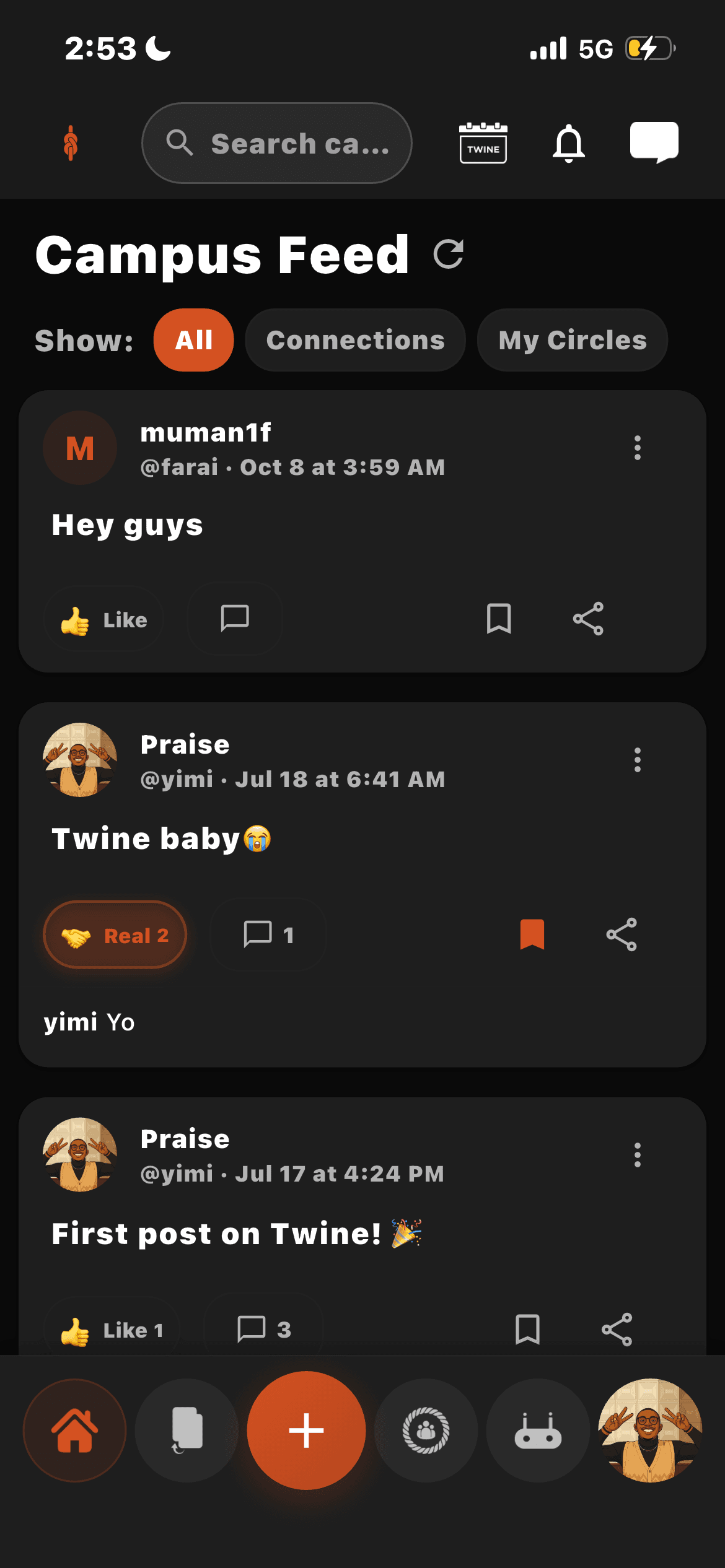 The Twine campus feed, showing what people near you posted today